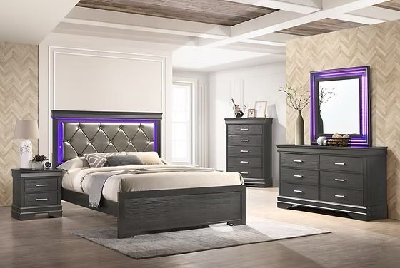 New Free Queen Mattress With New Gray 5 PC Bedroom Set With Led Lights!