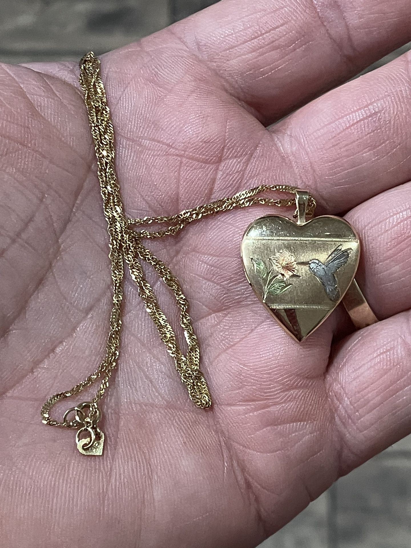 Vintage 14K Necklace & 10K Heart Locket With Hummingbird & Flower