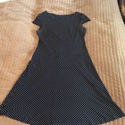 CONNECTED Navy Blue And White Polka Dot Cap Sleeve A-Line Dress Drop Waist