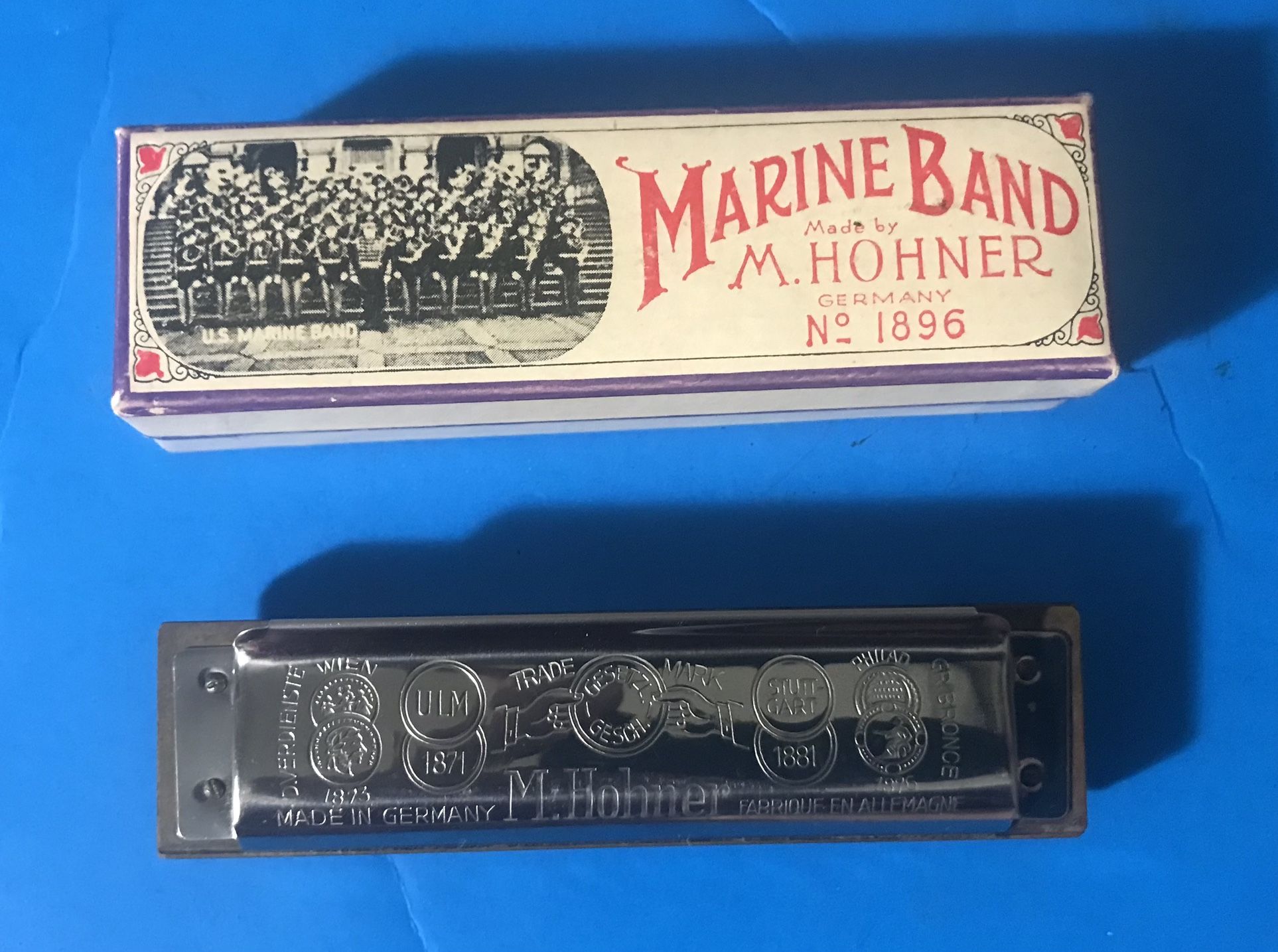 No 1896 Marine Band M. Hohner Harmonica Made In Germany 10-hole D Key W nice Box