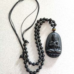 7 Black Obsidian Carved Buddha Lucky Amulet Pendant Necklace

