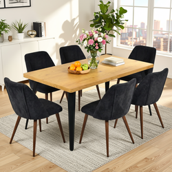 Homy Casa STAN+KALI 7PC Dining Set 63" Table with 6 Upholstered Chairs Walnut Legs