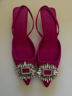 ZARA Pink Satin Pointed Toe Shimmery Slingback Kitty Heel Pumps Rhinestone EU 38