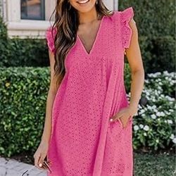 Women V-Neck Short Sleeve Lace Dress Hollow Casual Dress with Pocket