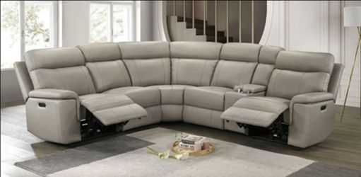 Brand New Super Plush Taupe Leather Power Reclining Sectional Sofa