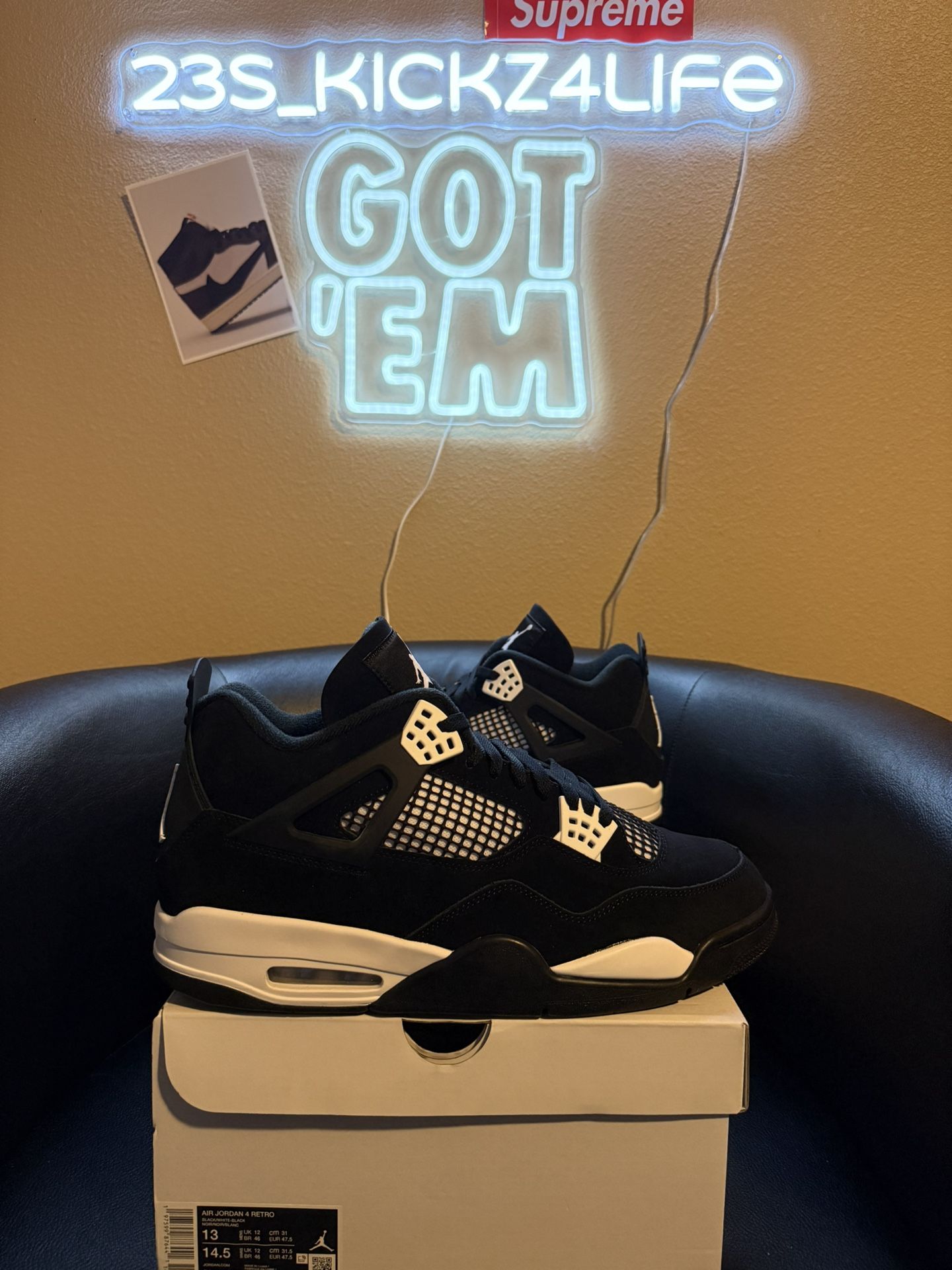 Brand new Air Jordan White Thunder 4’s size 13 with original box and proof of purchase.