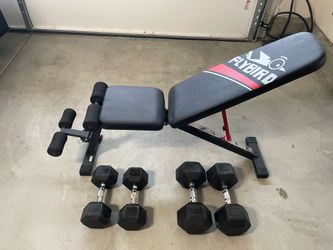 30 lb and 55lb rubber dumbbells plus workout bench