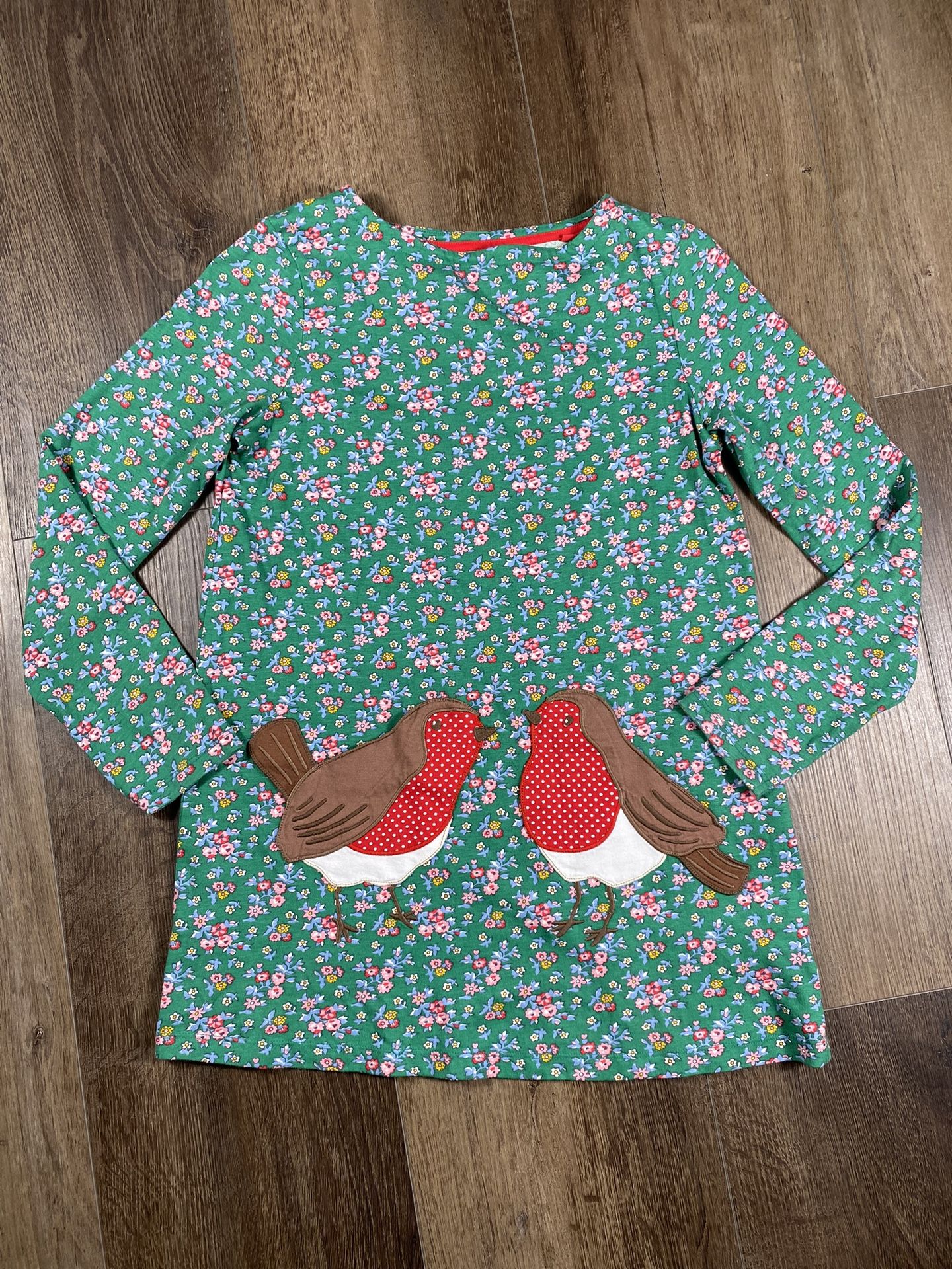 Mini Boden Green Floral Robin Pocket Appliqué Tunic Dress Girls Size 11-12