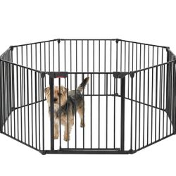 H162-201.6" Wide Folding No-Assembly Metal Pet Gate – 28.9" Tall Freestanding Dog Gate with Walk-Through Door, 8-Pannel Accordion Puppy Barrier for In