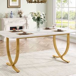 LITTLE TREE Dining Room Table, Kitchen Table with Faux Marble Table Top and Gold Metal Legs