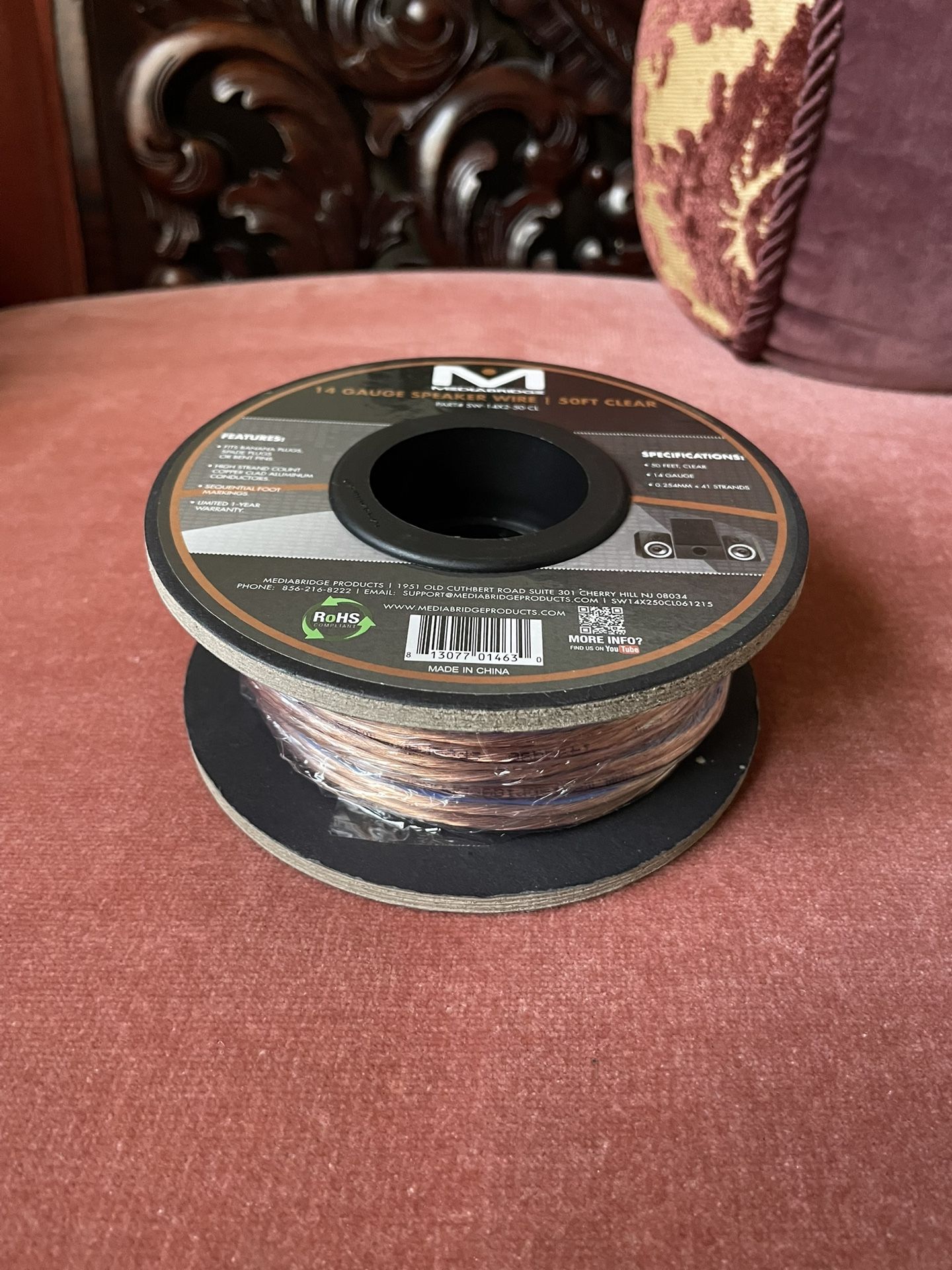 Mediabridge 14AWG 2-Conductor Speaker Wire, 50 Feet Clear, 28.5 Feet Remaining