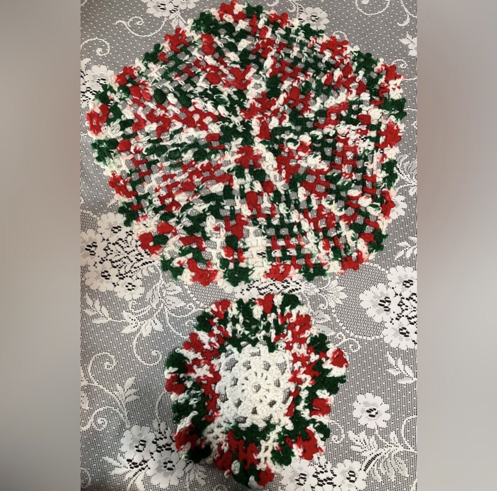 Red, Green, White Gradient Hand Crocheted Round Doily Christmas Centerpiece Set