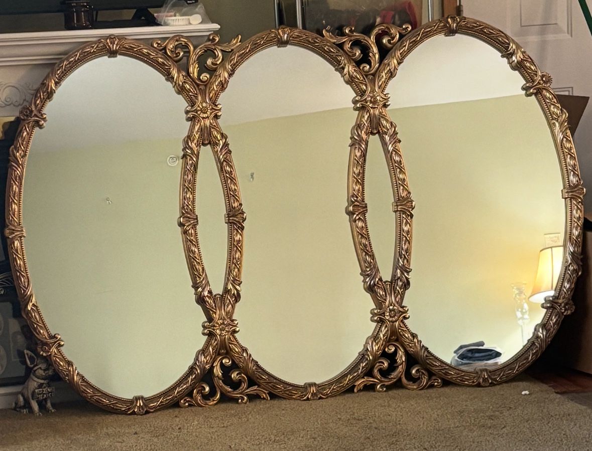 Bassett Vintage Triple Oval Ornate Gold Wall Mirror And White Trim Gold Fireplace