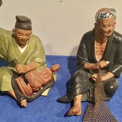 2 1950s Hakata Urasaki Large Clay Mud Sculptures Japanese Fisherman + Buddha Carver Realistic Craftsmanship