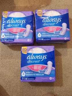 Brand New Packages of Always Discreet 4 Moderate Absorbency Regular Length 66 count