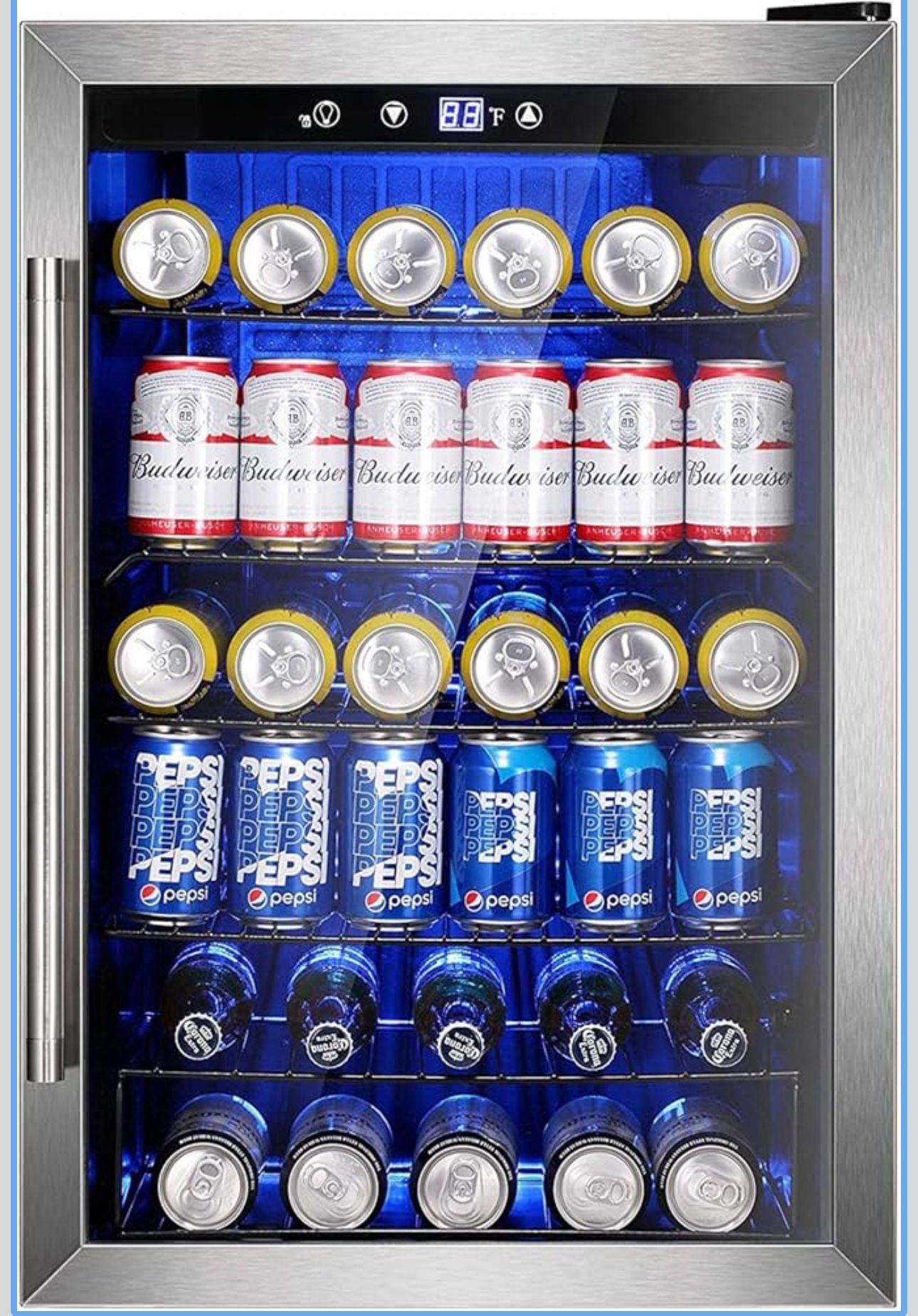 Wine Cooler 37 Bottle Freestanding Fridge with Stainless Steel Reversible Glass Door, 145 Can Beverage Refrigerator Quiet Compressor for Home Kitchen