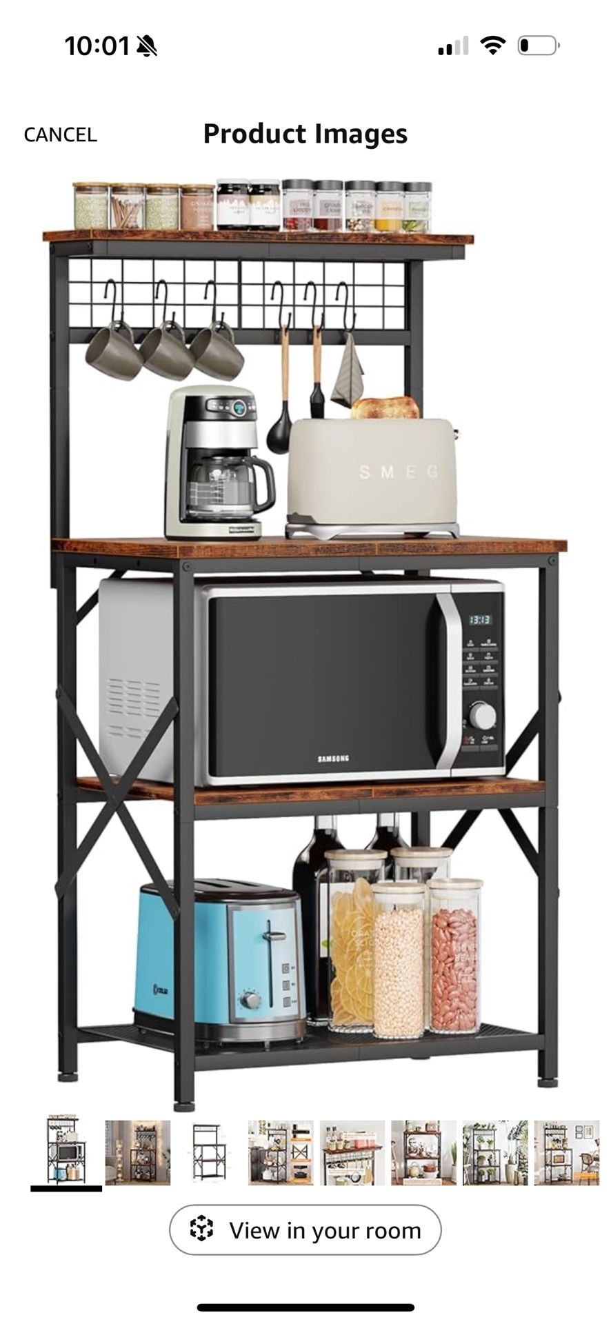 Kitchen Bakers Rack with Hutch, Coffee Bar Station 4 Tiers, Microwave Oven Stand with 6 S Hooks and Pegboard, Kitchen Microwave Rack for Spice Organiz