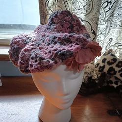 Pink And Grey Crochet Hat With Flower Pin