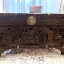 Chinese carved camphor wood chest.
