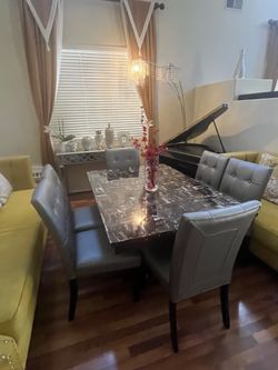Elegant 7-Piece Counter Height Faux Marble Dining Set | 6 Gray Faux Leather Chairs *Built In Storage