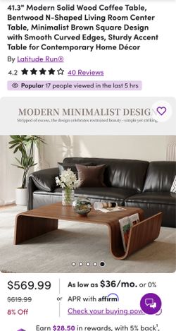 41.3" Modern Solid Wood Coffee Table, Bentwood N-Shaped Living Room Center Table, Minimalist Brown Square Design with Smooth Curved Edges