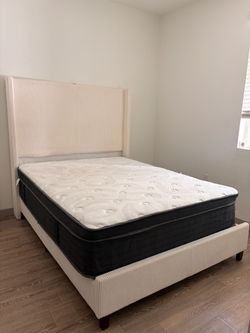 Queen Bed Frame with Upholstered Headboard and Mattress