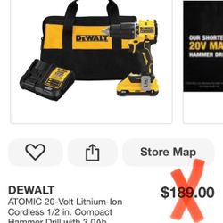 DEWALT ATOMIC 20-Volt Lithium-lon Cordless 1/2 in. Compact Hammer Drill with 3.0Ah Battery, Charger and Bag
