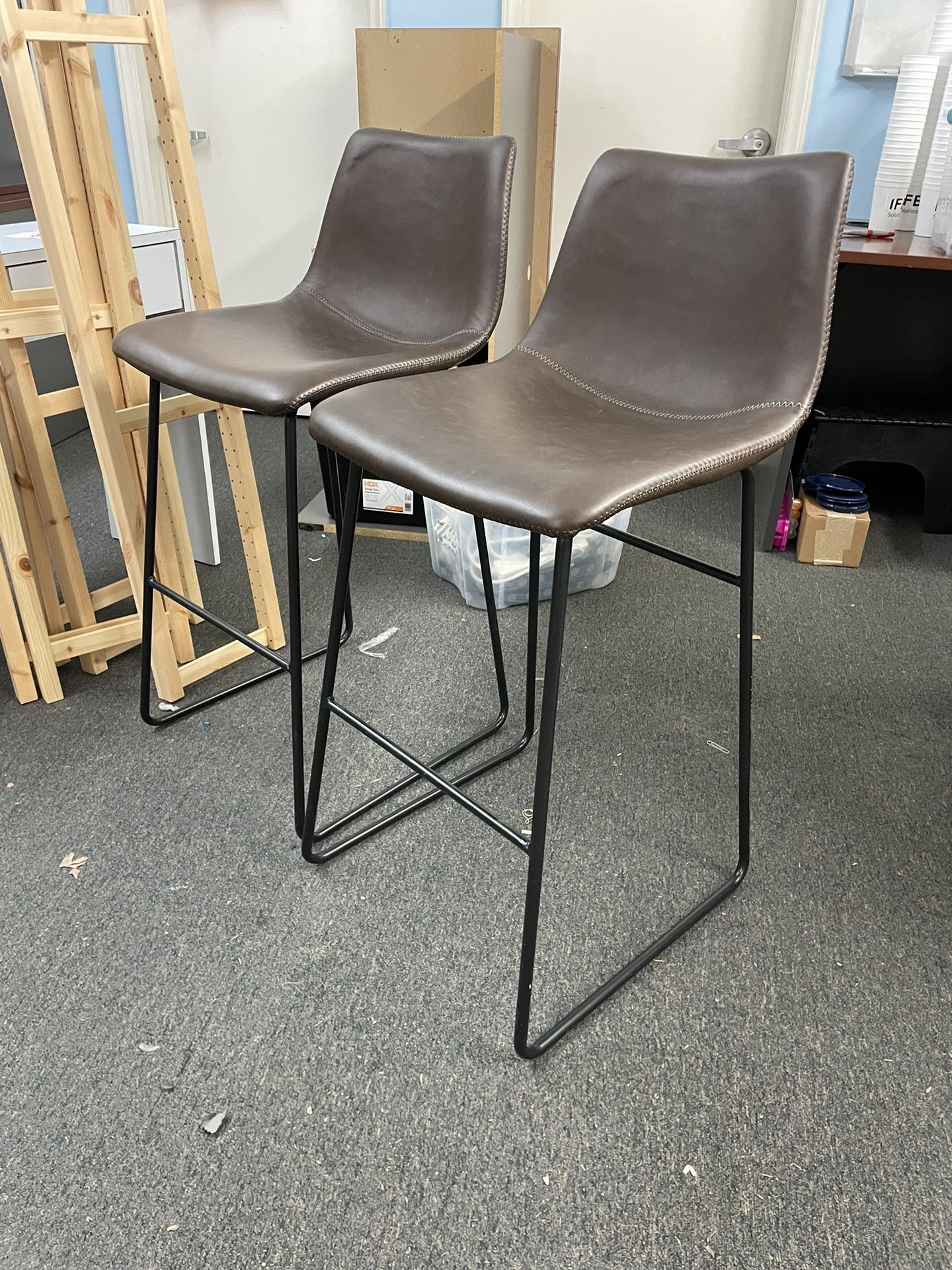 2 Brown Leather PU Barstools