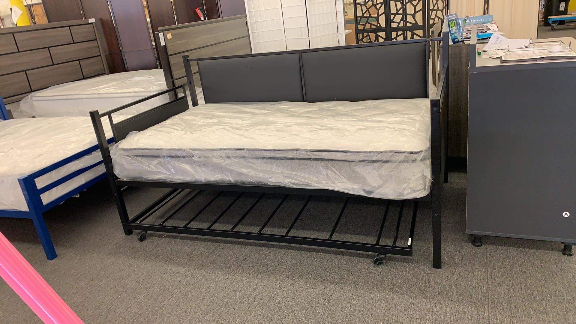 Black Faux Leather Daybed with Trundle (Scratch and Dent for transportation) $99 just bed or $319 bed frame with 2 P. mattress!! summer sale ! JM Re