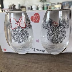 Disney Mickey Minnie Set Of Two Stemless Wine Glasses 