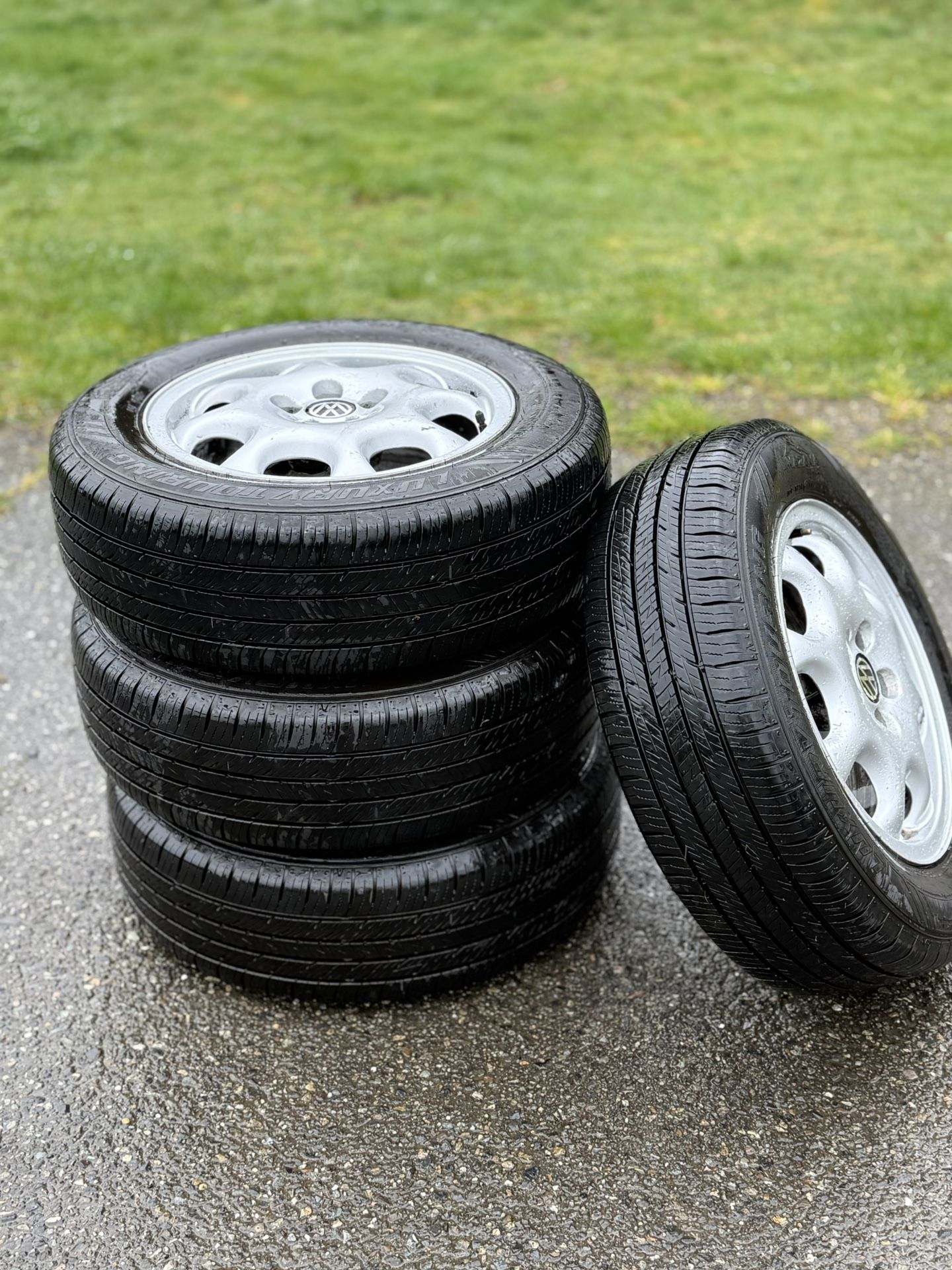 set of wheels 195/55r15 on 5x112 fit many cars! tires have 85 percent rubber