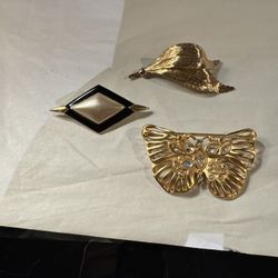 Vintage Lot of 3 fashion pins/brooches signed Napier, AK Anne Klein gold tones 