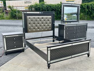 Crown Mark Furniture - Refino Gray LED Upholstered Panel Bedroom Set - Queen Panel Bed - Dresser with Mirror- nightstand