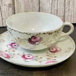 Antique Victorian Crown Staffordshire Bone China Cup Saucer Rose Pansy Gold Trim