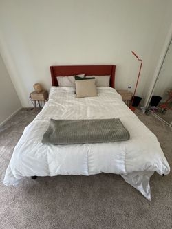 Queen Bed Frame w/ Terracotta Upholstered Headboard + Mattress – La Jolla