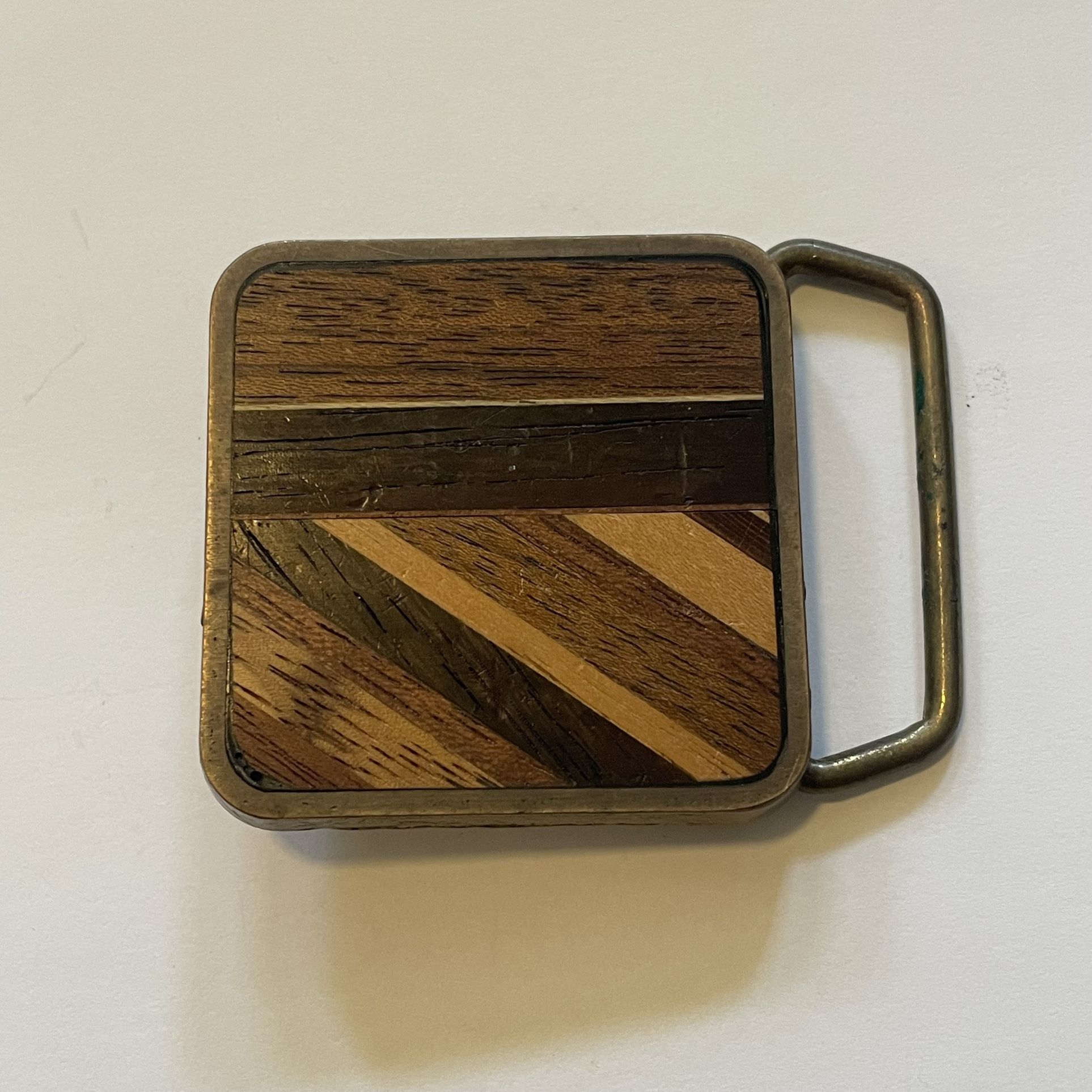 Vintage 1978 BTS Solid Brass Belt Buckle Exotic Wood Enamel Square Artisan USA