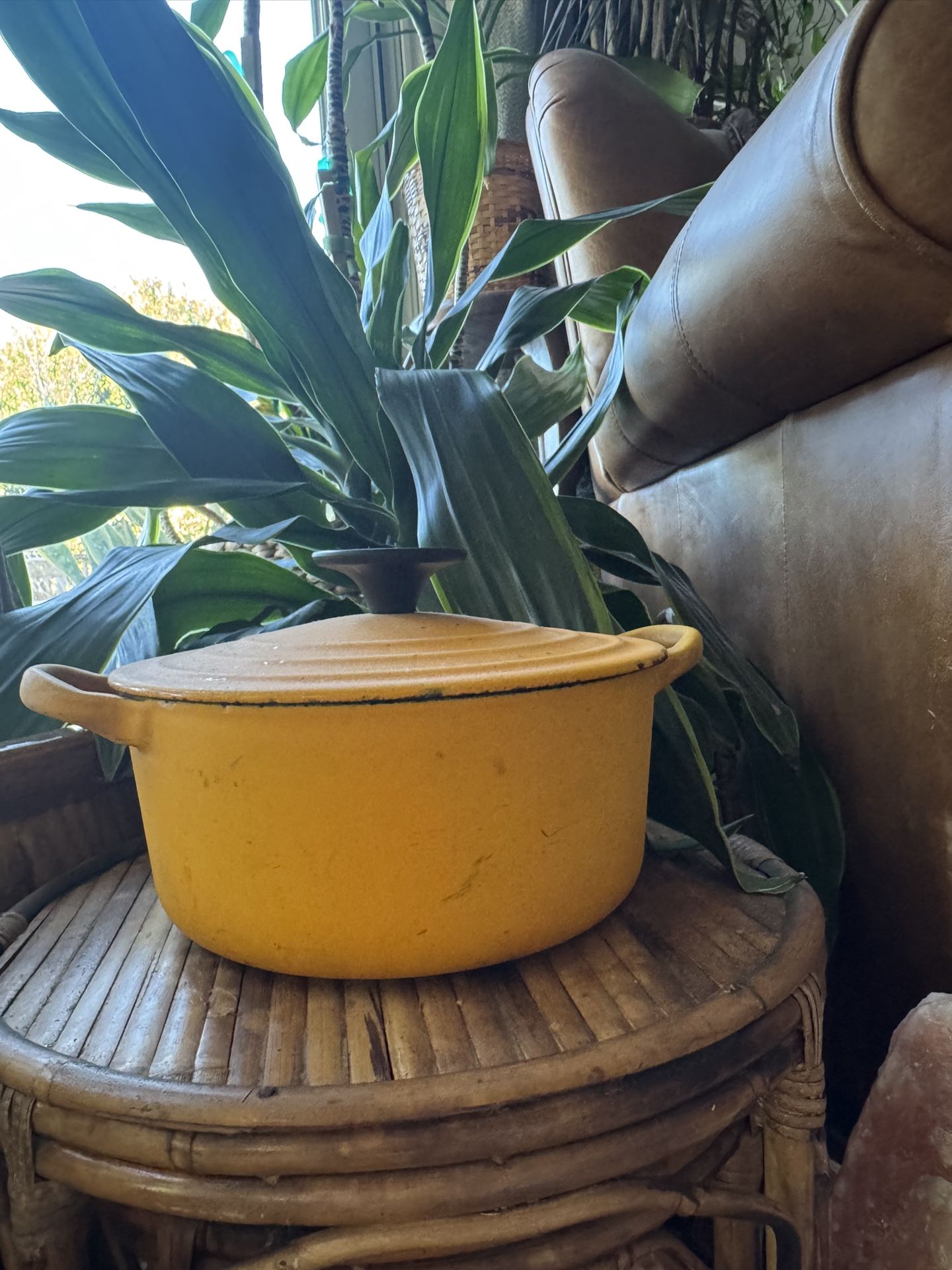 Vtg Le Creuset Yellow Dutch Oven B 2 Qt Casserole Enameled Cast Iron Pot w/ Lid Flawed Used Chipped 