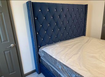 😍💙 New Blue Velvet Wingback Tufted Bed Frame | Nailhead Trim Tall Headboard • King & Queen Size | Mattress + Box Spring | Pay After Delivery 🚚