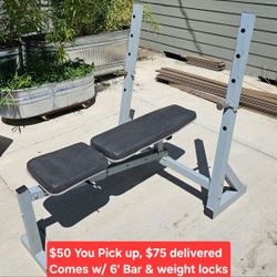 Adjustable Weight Bench with 6' Bar & Screw-on Weight Retaining Rings $50