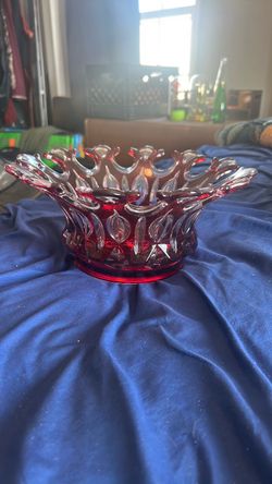 Ruby Red Crown Art Glass Bowl with Open Lace Rim