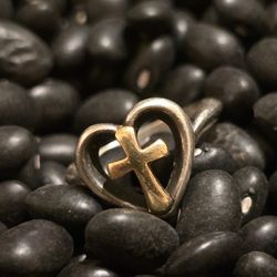 Retired James Avery Sterling Silver & 14kt Gold Heart Cross Ring,  Size 5