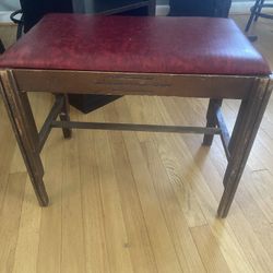 Vintage Wooden Piano Stool, Bench with red upholstered seat