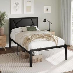 Twin Size Bed Frame with Leather Headboard, Black 