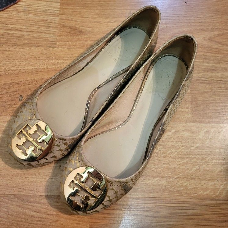 Tory Burch Reva Metallic Gold Snake Print Ballet Flats 6.5