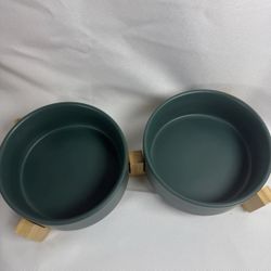 SPUNKYJUNKY Ceramic Cat and  small Dog Bowl Set with Wooden Stand, 400 ml, Green