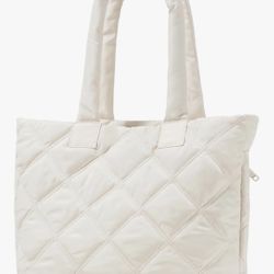 19.7" x 11.8" x 6.1" Large Puffer Quilted Tote Bag with Zipper, Ivory, NEW