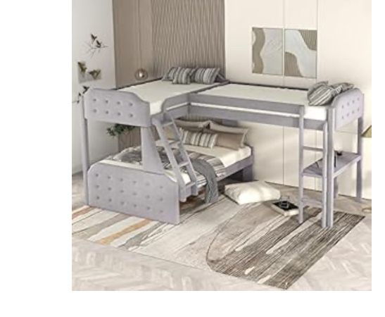 Twin Over Twin Velvet L Shaped Bunk Bed Triple Bed With Loft 