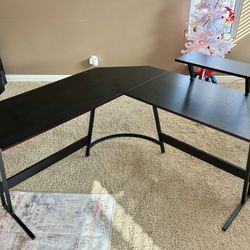 L for Shaped Computer Desk with Raised Monitor Shelf Modern Black