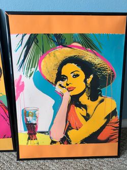 Pop Art Print - Woman in Sun Hat, Black Frame