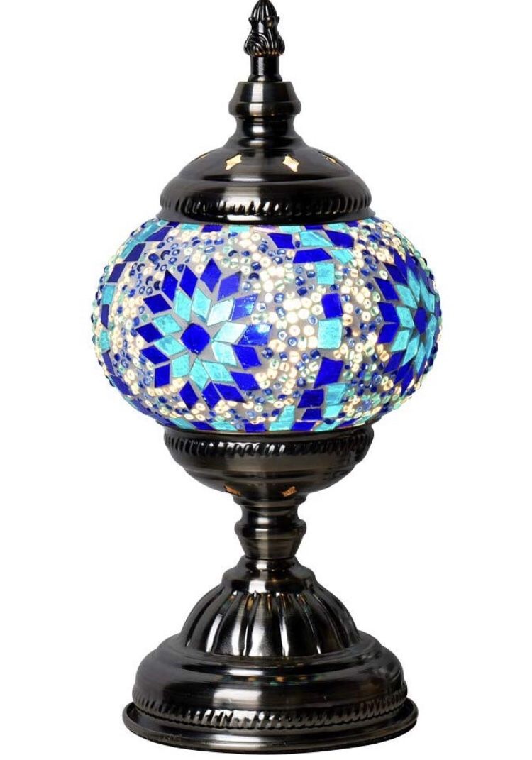 Marrakech Handmade Turkish Mosaic Glass Table Lamp Moroccan Lantern Tiffany Style Desk Night Lights with Bronze Base (Blu